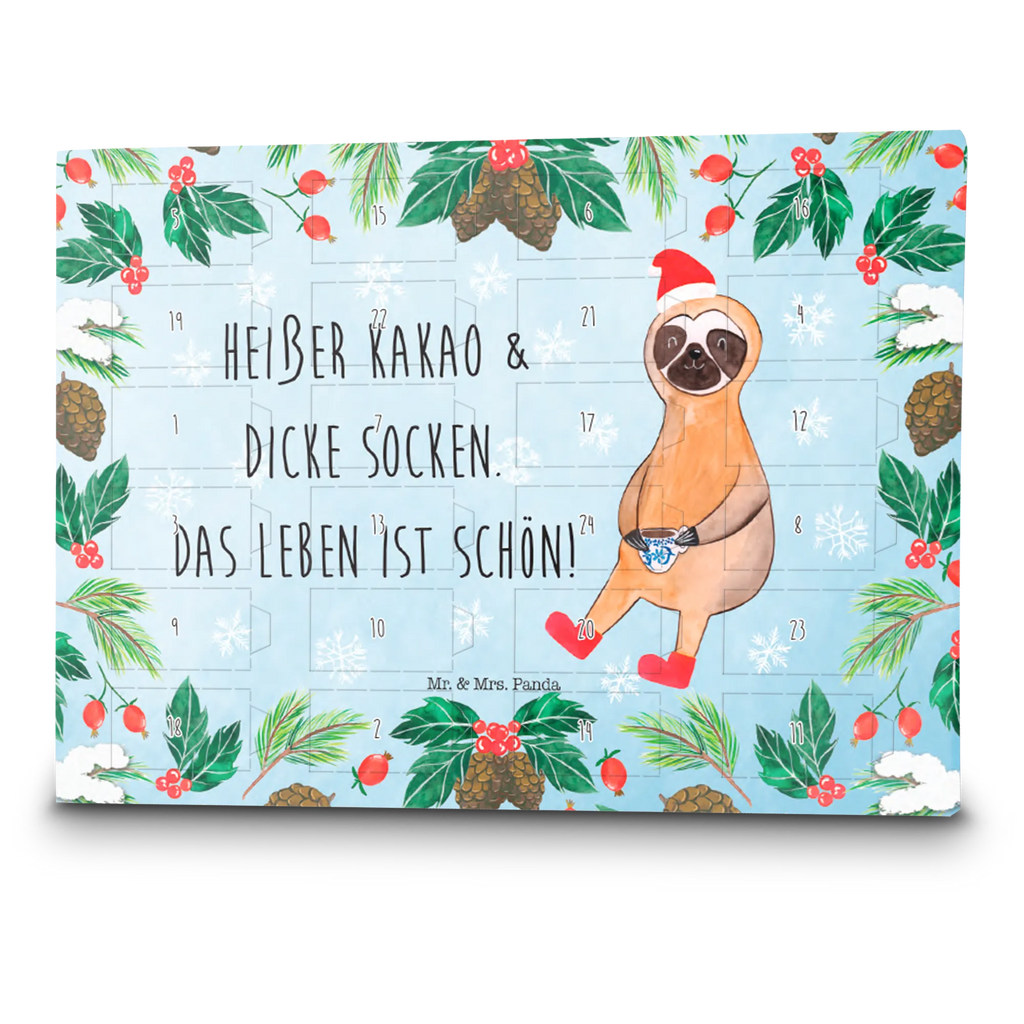 Chocolate advent calendar sloth cocoa Christmas time, snow
