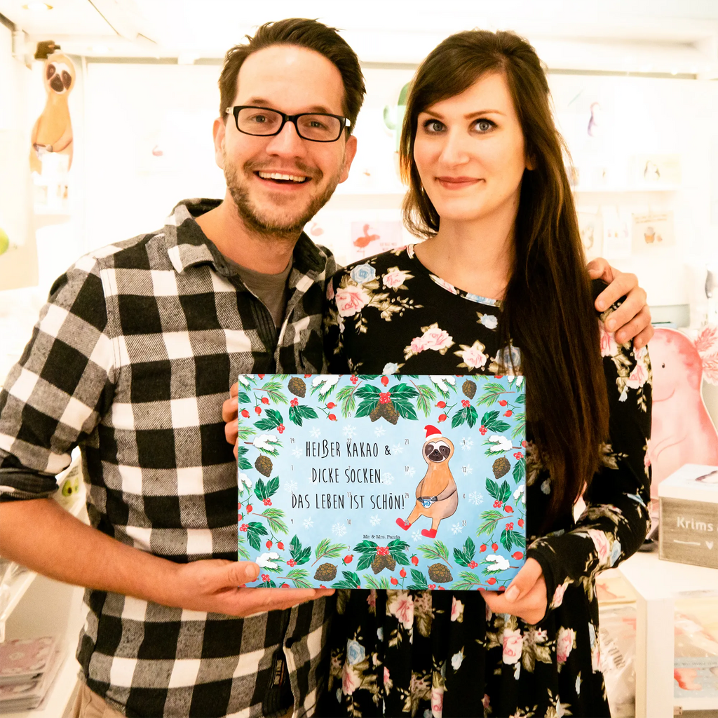 Chocolate advent calendar sloth cocoa Christmas time, snow