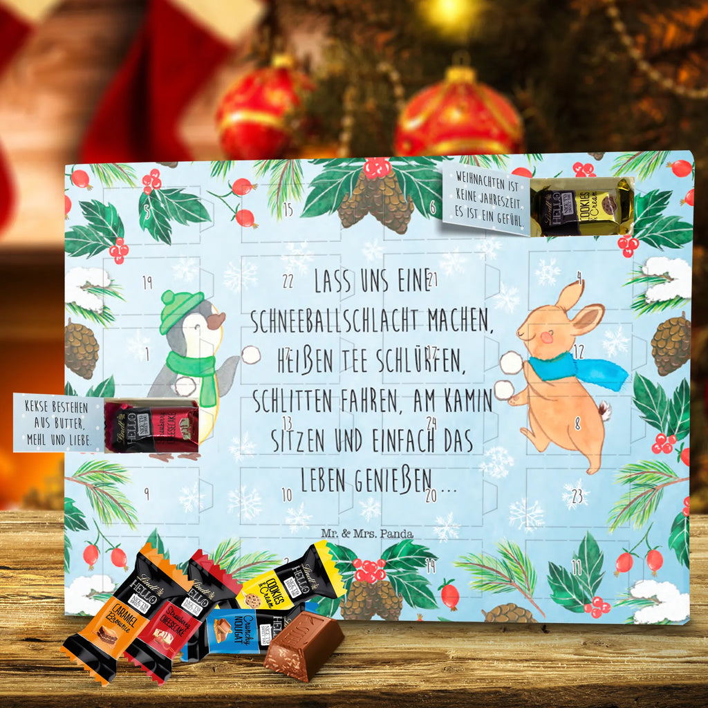 Chocolate advent calendar penguin rabbit snowball fight Christmas time, snow