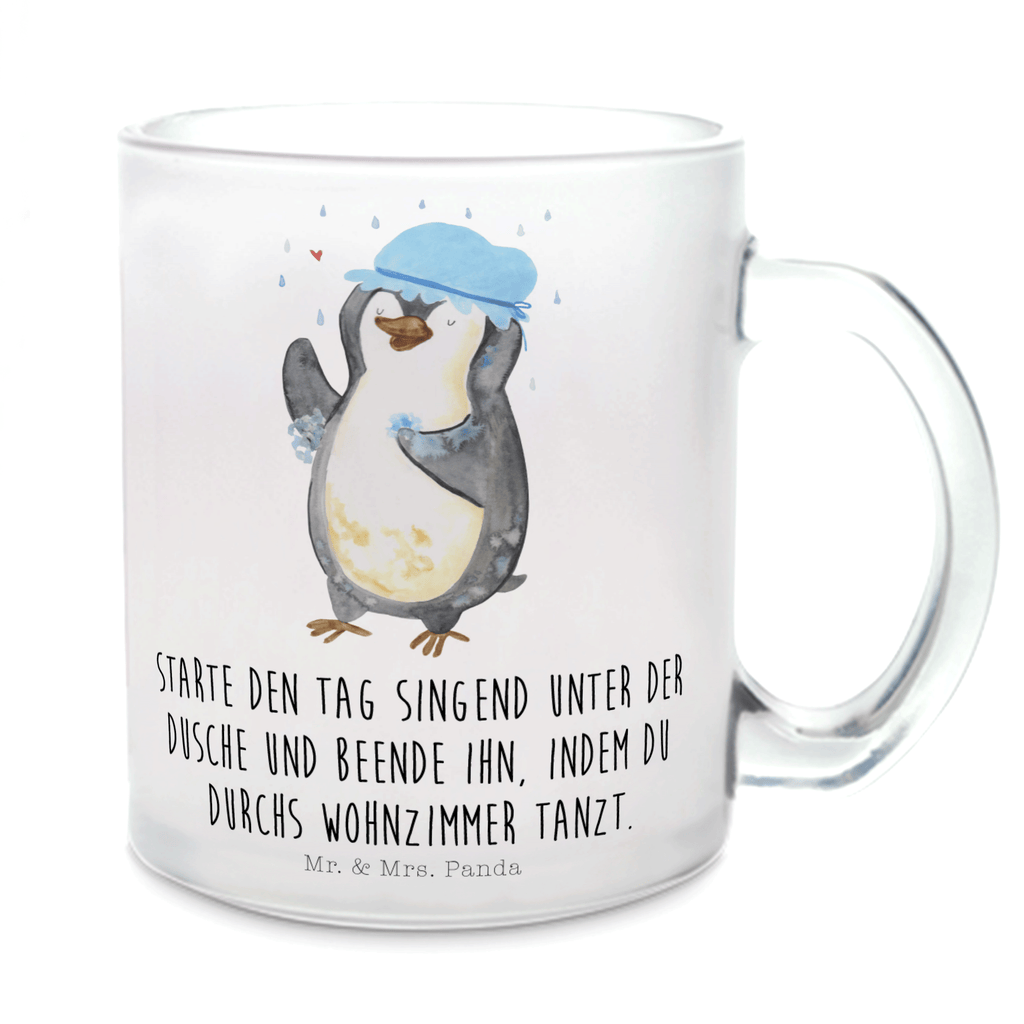 Teetasse Pinguin duscht Teetasse, Teeglas, Teebecher, Tasse mit Henkel, Tasse, Glas Teetasse, Teetasse aus Glas, Pinguin, Pinguine, Dusche, duschen, Lebensmotto, Motivation, Neustart, Neuanfang, glücklich sein