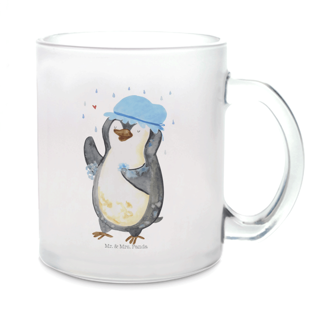 Teetasse Pinguin duscht Teetasse, Teeglas, Teebecher, Tasse mit Henkel, Tasse, Glas Teetasse, Teetasse aus Glas, Pinguin, Pinguine, Dusche, duschen, Lebensmotto, Motivation, Neustart, Neuanfang, glücklich sein
