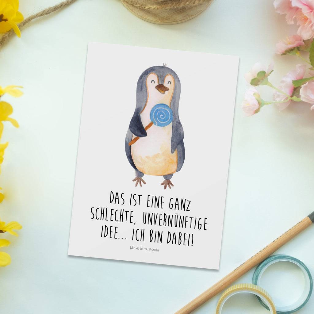 Postkarte Pinguin Lolli Geschenkkarte, Grußkarte, Karte, Einladung, Ansichtskarte, Geburtstagskarte, Einladungskarte, Dankeskarte, Pinguin, Pinguine, Lolli, Süßigkeiten, Blödsinn, Spruch, Rebell, Gauner, Ganove, Rabauke