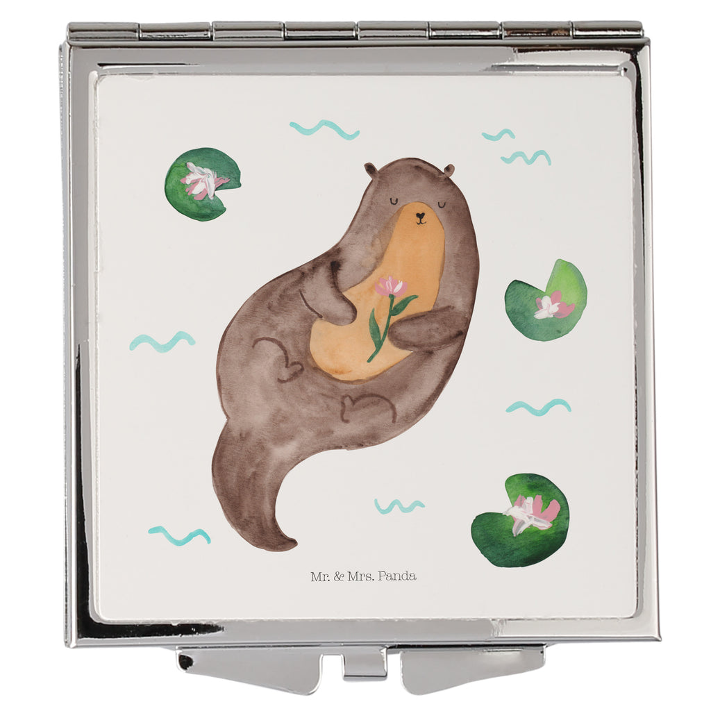 Handtaschenspiegel quadratisch Otter mit Seerose Spiegel, Handtasche, Quadrat, silber, schminken, Schminkspiegel, Otter, Fischotter, Seeotter, Otter Seeotter See Otter