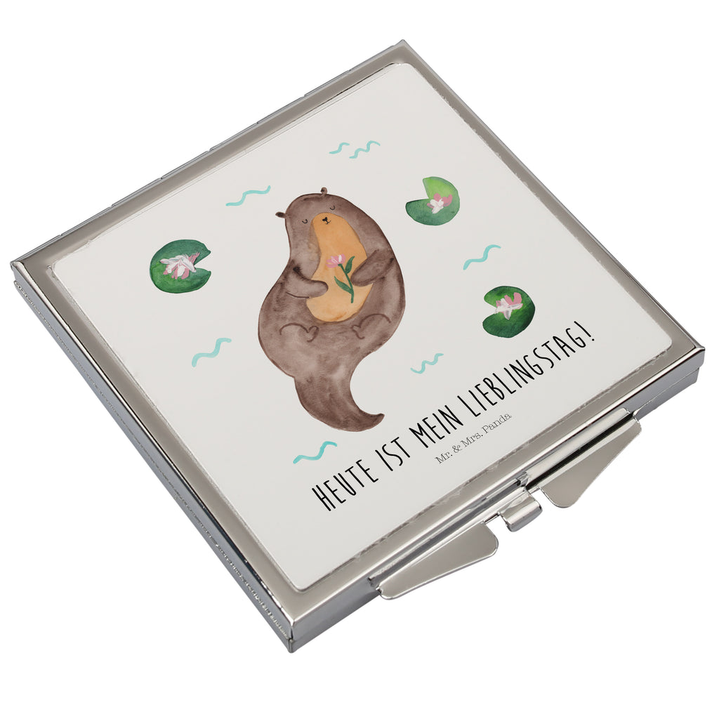 Handtaschenspiegel quadratisch Otter mit Seerose Spiegel, Handtasche, Quadrat, silber, schminken, Schminkspiegel, Otter, Fischotter, Seeotter, Otter Seeotter See Otter