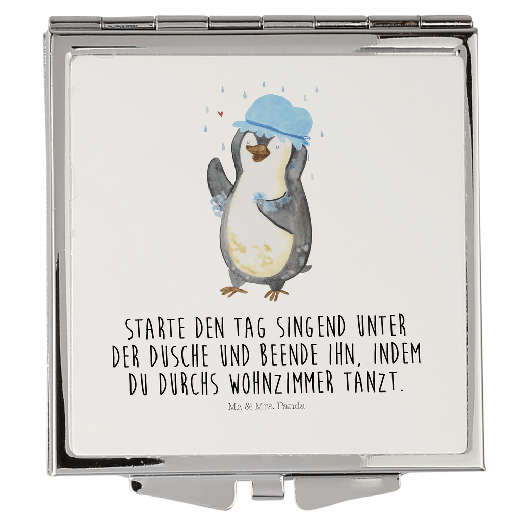 Handtaschenspiegel quadratisch Pinguin duscht Spiegel, Handtasche, Quadrat, silber, schminken, Schminkspiegel, Pinguin, Pinguine, Dusche, duschen, Lebensmotto, Motivation, Neustart, Neuanfang, glücklich sein