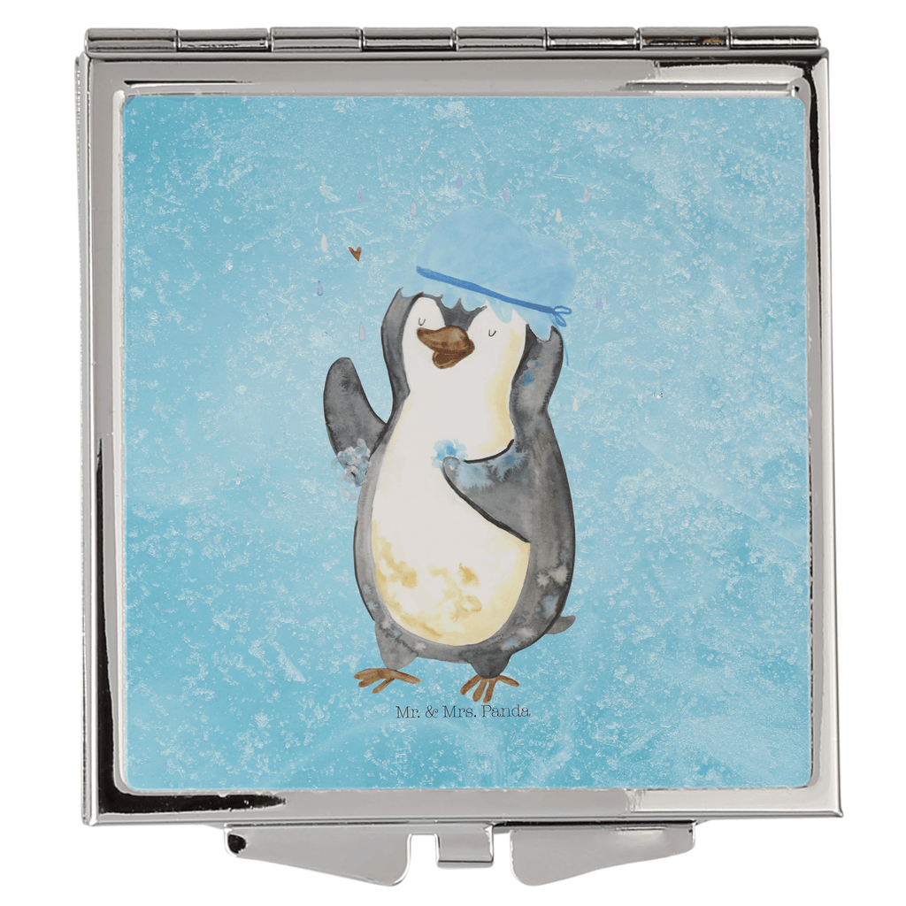 Handtaschenspiegel quadratisch Pinguin duscht Spiegel, Handtasche, Quadrat, silber, schminken, Schminkspiegel, Pinguin, Pinguine, Dusche, duschen, Lebensmotto, Motivation, Neustart, Neuanfang, glücklich sein